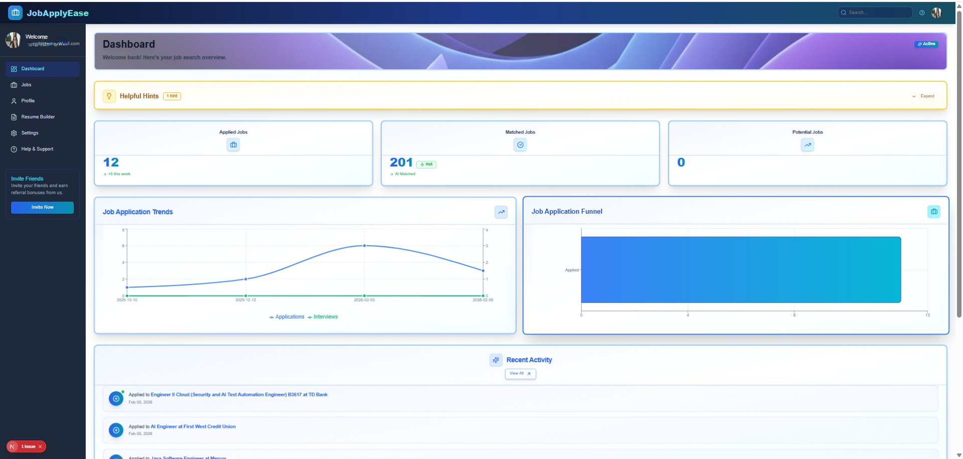 JobApplyEase Phase 2 Dashboard - Employer hiring overview